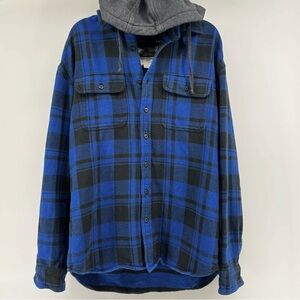 American Eagle Mens Flannel Shirt Hoodie Large Tall Plaid Shacket Removable Hood